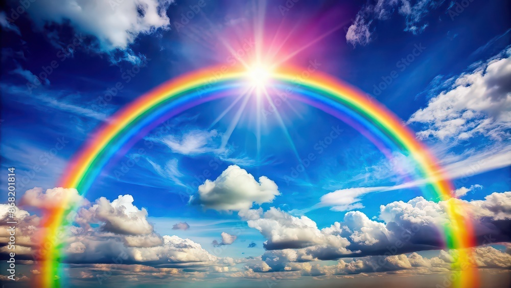 Wall mural Vibrant rainbow in the sky on a sunny day, rainbow, vibrant, colorful, sky, clouds, nature, weather, beauty, spectrum