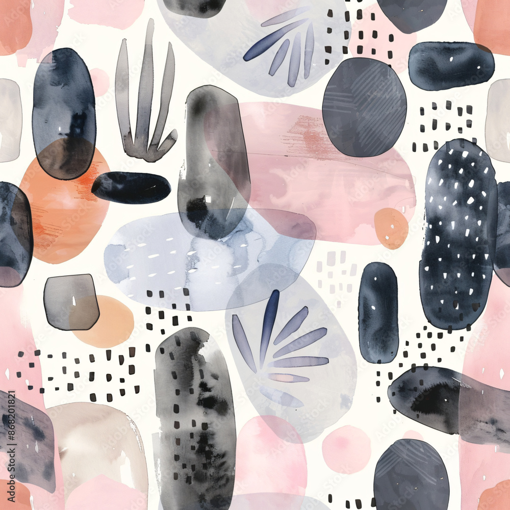 Poster watercolor abstract shapes in muted pastel tones form a seamless pattern of organic forms and geomet