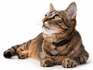 Obraz premium A cute tabby cat with wide open eyes and a collar with tag is lying on its side, looking up at something, white background