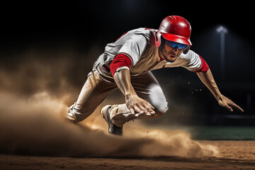 Professional baseball player sliding into base. Generative AI