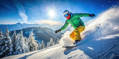 Snowboarder carving down a snowy slope at a ski resort during winter , winter, sport, adventure, adrenaline, extreme