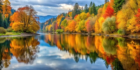 Fototapeta premium Autumn trees with vibrant fall foliage reflected in the tranquil waters of Stillaguamish River in Washington , autumn, fall