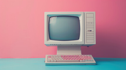 Retro Computer on Colorful Background: Nostalgic Vintage Technology Concept