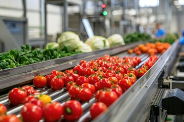 Automated Conveyor Belt Sorting Fresh Tomatoes and Vegetables in Modern Food Processing Plant