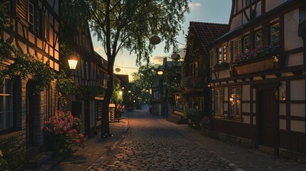 Fototapeta premium A twilight scene in a quaint village, with cobblestone streets, charming houses, and street lamps casting a warm glow as the last light of day fades away