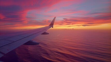 Obraz premium Tranquil ocean under a colorful sunset sky, airplane wing extending into the horizon