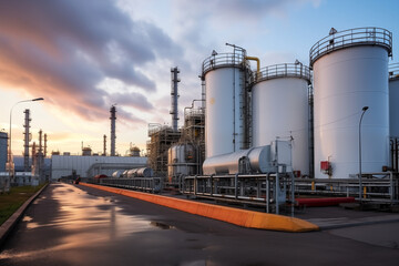 Obraz premium Oil production factory heavy industry zone at twilight. Generative AI