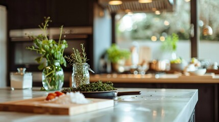 An open-concept kitchen with minimalist dark cabinets, a smooth marble island, and a few carefully arranged green herbs in glass jars