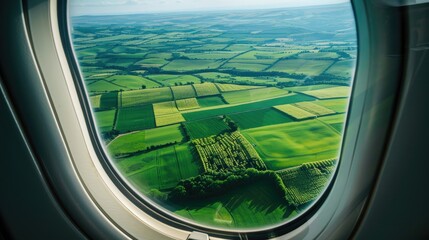 Naklejka premium Aerial perspective from airplane window of green fields stretching to the horizon