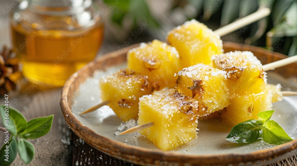 Wall mural Frozen pineapple chunks on a wooden skewer, arranged on a white plate with frost covering their vibrant yellow surfaces