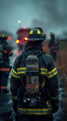 Obraz premium A group of professionals, including a scientist, a manager, and a firefighter, standing with their backs to the picture, gazing outside. 