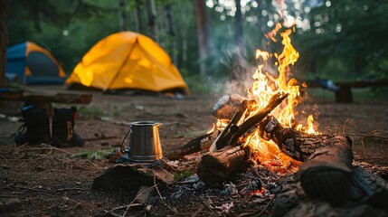 Campfire with cooking gear and a tent in the background