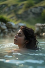 Fototapeta premium A beautiful woman bathe in a natural hot springs with steam rising, with a softly blurred background of rocky terrain and greenery. 