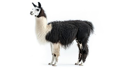 Fototapeta premium Black and white llama standing with its head turned slightly, isolated on a white backdrop