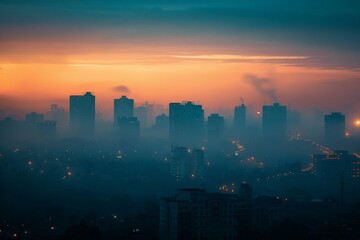 Fototapeta premium A city skyline silhouetted at dawn, with a softly blurred background of the first light breaking over buildings. 