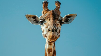 Naklejka premium Close-up of a giraffe's face, highlighting its spots and the bright blue sky of Africa