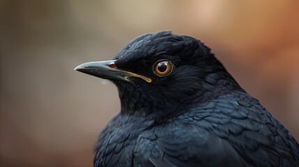 Fototapeta premium Close-up portrait of a Turdus merula, highlighting its sleek black feathers and alert eyes