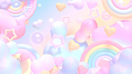 3d rendered cartoon rainbow sky with stars, bubbles, hearts, and clouds.