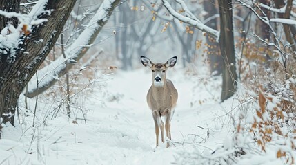 Deer walking through a snow-covered forest, highlighting wildlife in a winter setting