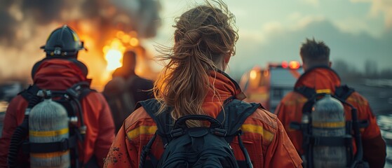 A group of professionals, including a scientist, a manager, and a firefighter, standing with their backs to the picture, gazing outside. 