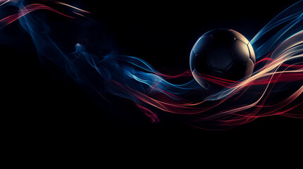 Dark red and blue smoke  banner with soccer ball on black background with copy space. For sports marketing, graphics, website banners, advertisements. Summer Olympic Games in France