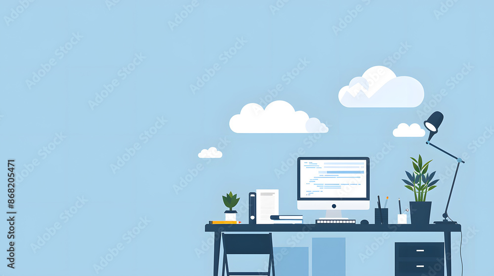 Aufkleber illustration of a desk with computer and clouds in the background