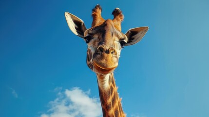 Naklejka premium Giraffe head shot with a vibrant blue sky in Africa, highlighting its long neck and features