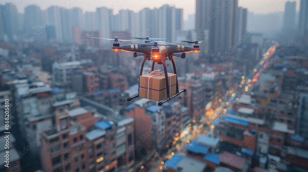 Sticker drone delivering a package using wireless gps navigation,