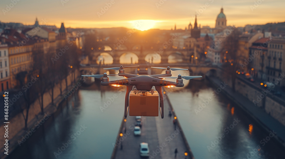 Poster drone delivering a package using wireless gps navigation,