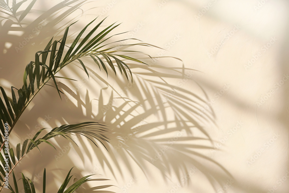Poster abstract background with a palm leaf shadow on a beige wall, light and airy, with soft edges and a b