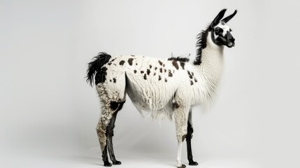 Fototapeta premium Isolated shot of a black and white llama standing, looking to the side, on a plain white background