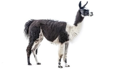 Fototapeta premium Isolated shot of a black and white llama standing, showcasing its unique markings on a white background