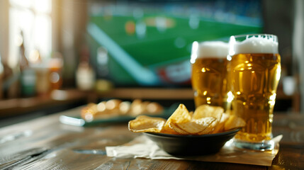 Naklejka premium Close-up image of two mugs of beer and chips with TV soccer football match in the blur background. For sports event poster, banner design, website blogs, sportbar decor. International Beer Day. Soccer