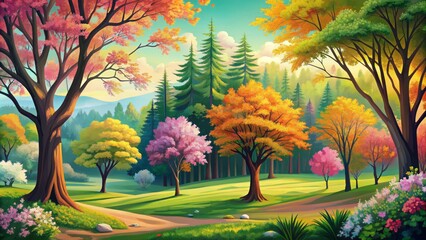 Obraz premium Vibrant vector illustration of forest landscape showcasing diverse trees with summer green, autumn orange, and spring pink blossoms foliage seasons.
