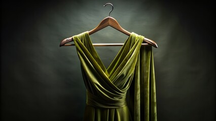Luxurious moss-green ensemble draped elegantly on a velvet hanger against a sleek black background, exuding sophistication and refined glamour.