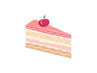 Cake slice piece with cherry isolated on white background. Vector illustration for stickers and  postcards