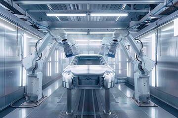 Two robotic painting systems in a modern automotive paint shop, demonstrating the precision and efficiency of automated car painting processes. Generative AI