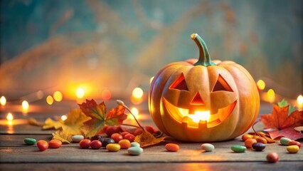 A minimalist, pastel-hued still life of a smiling, glowing jack-o-lantern surrounded by colorful candies and autumnal leaves.