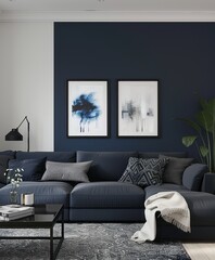 Blue accent wall in a minimalist space with monochrome decor
