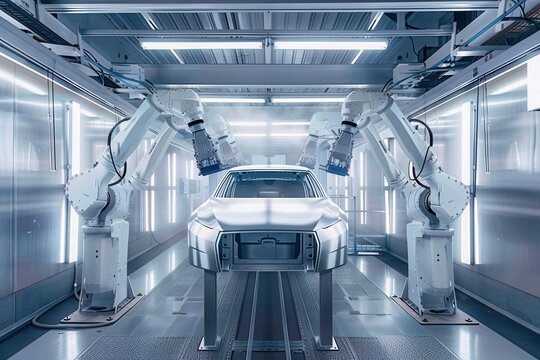 Two robotic painting systems in a modern automotive paint shop, demonstrating the precision and efficiency of automated car painting processes. Generative AI