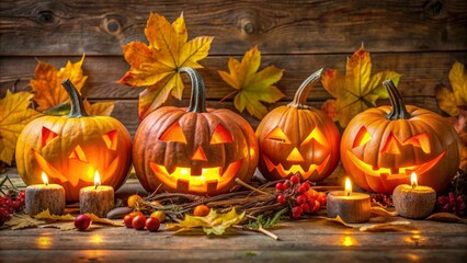 Fototapeta premium Orange and yellow carved pumpkins with spooky Halloween illustrations surrounded by autumn leaves and twigs, with clear copy space in center.
