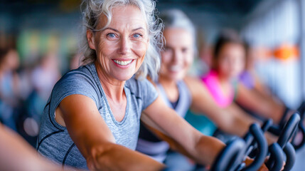 A woman with gray hair smiles while participating in a spin class at a fitness studio. The bright colors and energy of the gym are evident in the background