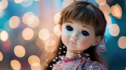 Fototapeta premium Adorable Kid Doll with Sparkling Bokeh Light Background