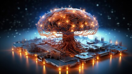 Futuristic Digital Brain Concept with Glowing Neural Network and Circuit Board Background