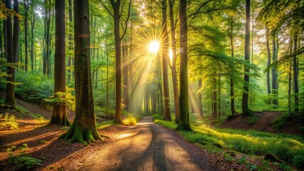 Fototapeta premium Majestic sunlight filters through dense foliage of ancient forest on a serene and winding forest path in the Waldweg woods.