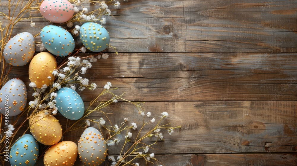 Poster easter eggs and paper on wood background with empty space