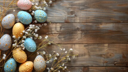 Easter eggs and paper on wood background with empty space