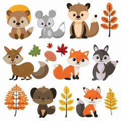 Fototapeta premium Whimsical Woodland Creatures Clipart Set in Cute Cartoon Style with Autumn Hues on White Background
