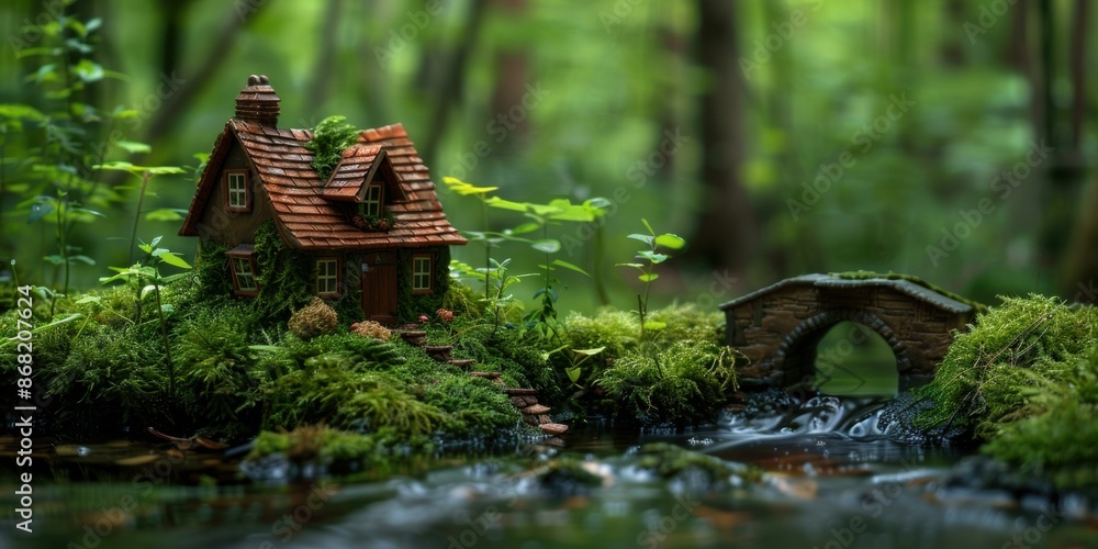 Poster a miniature house in the middle of a forest with a small bridge over a stream. ai.