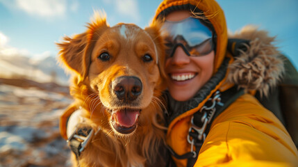 A woman wearing a yellow jacket and sunglasses holds a golden retriever close as they both smile at the camera